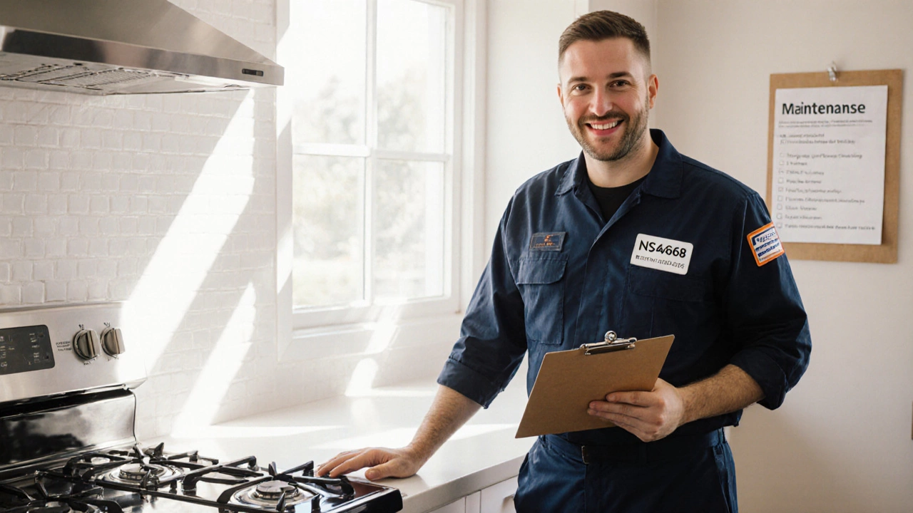 A certified technician in uniform inspecting a spotless cooker in a bright kitchen.