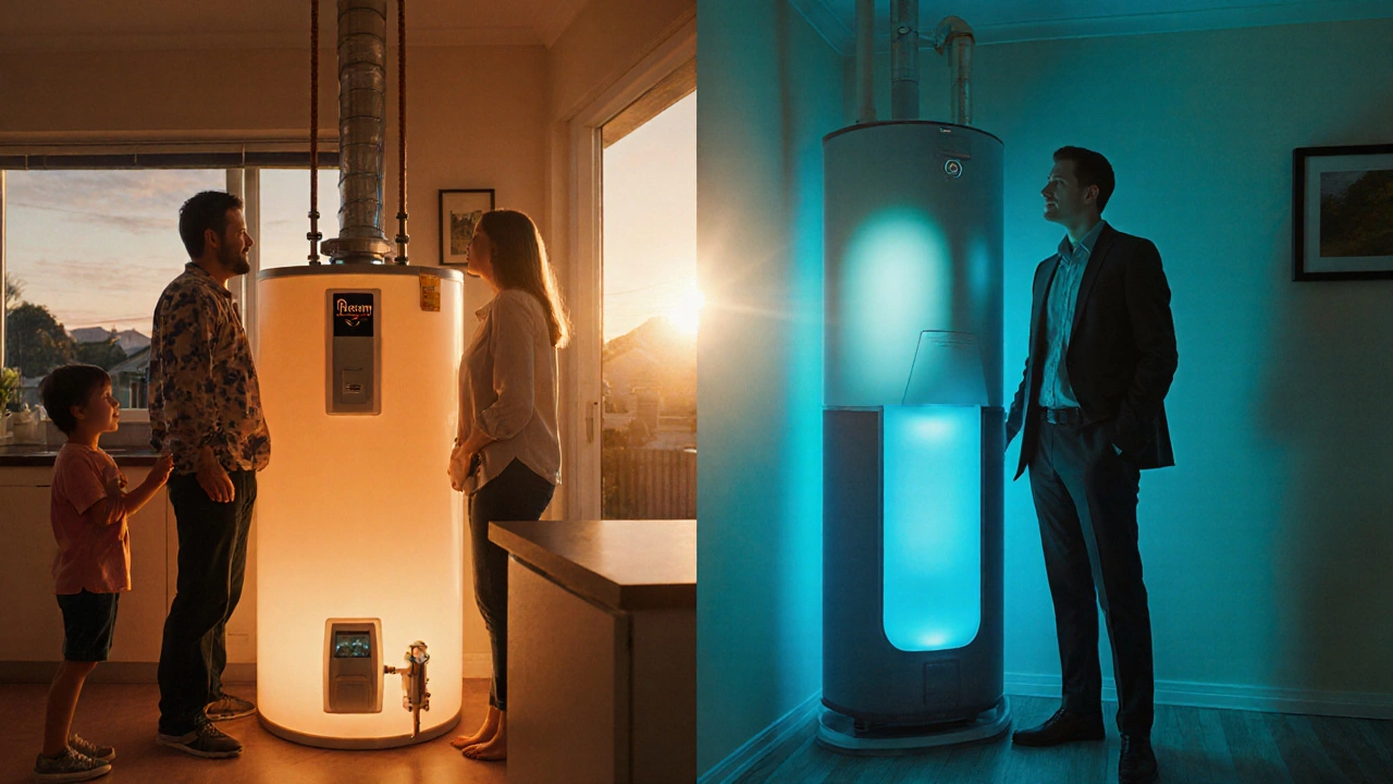 Cinematic split scene of a family kitchen with a Rheem tank and an apartment with an AO Smith tankless unit at sunrise.
