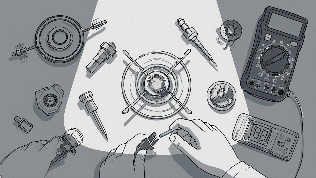 Close‑up of cooker parts on a workbench, including an igniter, heating element and multimeter.