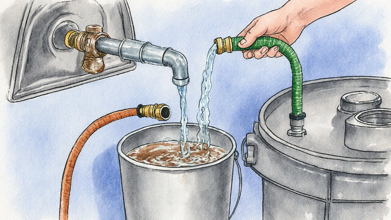 Close-up of hose draining a water heater, showing brown water, anode rod, and PRV lever.