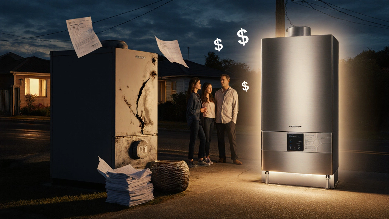 Contrast of an old cracked boiler beside a modern efficient boiler with a family deciding.