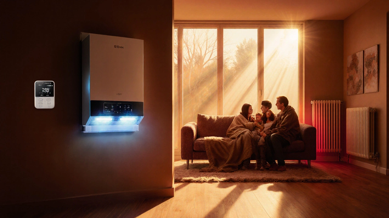 Cozy living room with family enjoying warmth, new boiler visible through service hatch.