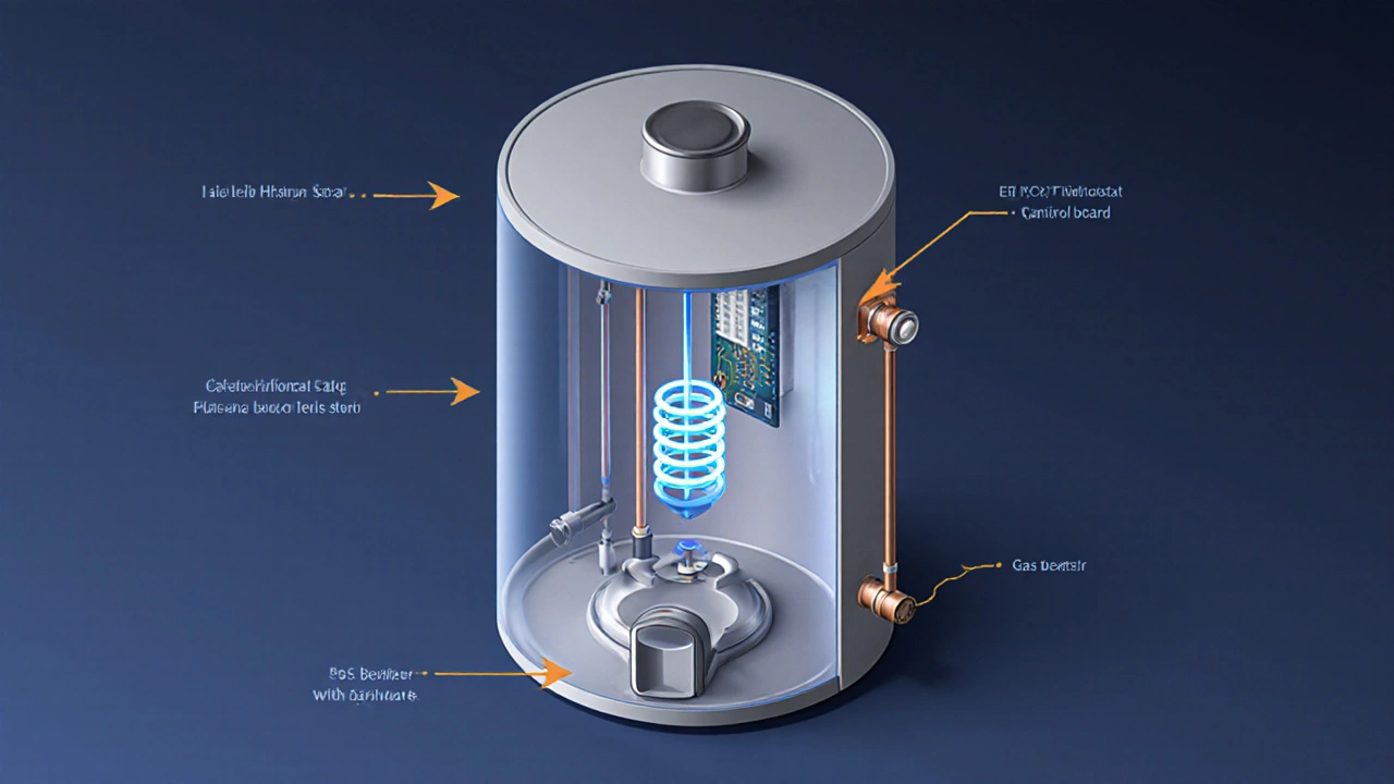 Cutaway illustration showing heating element, gas burner, thermostat, and anode rod inside a tank heater.