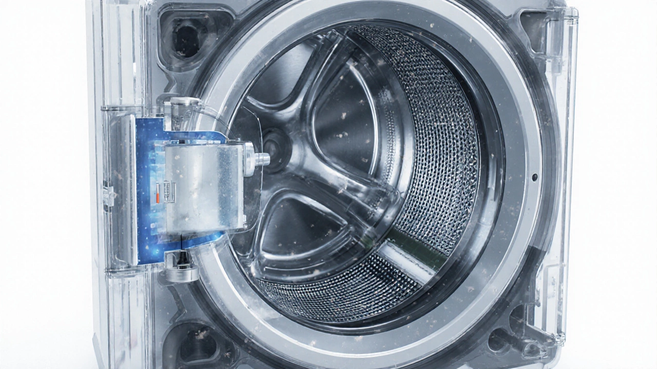 Cutaway view showing dryer parts like heating element and belt.