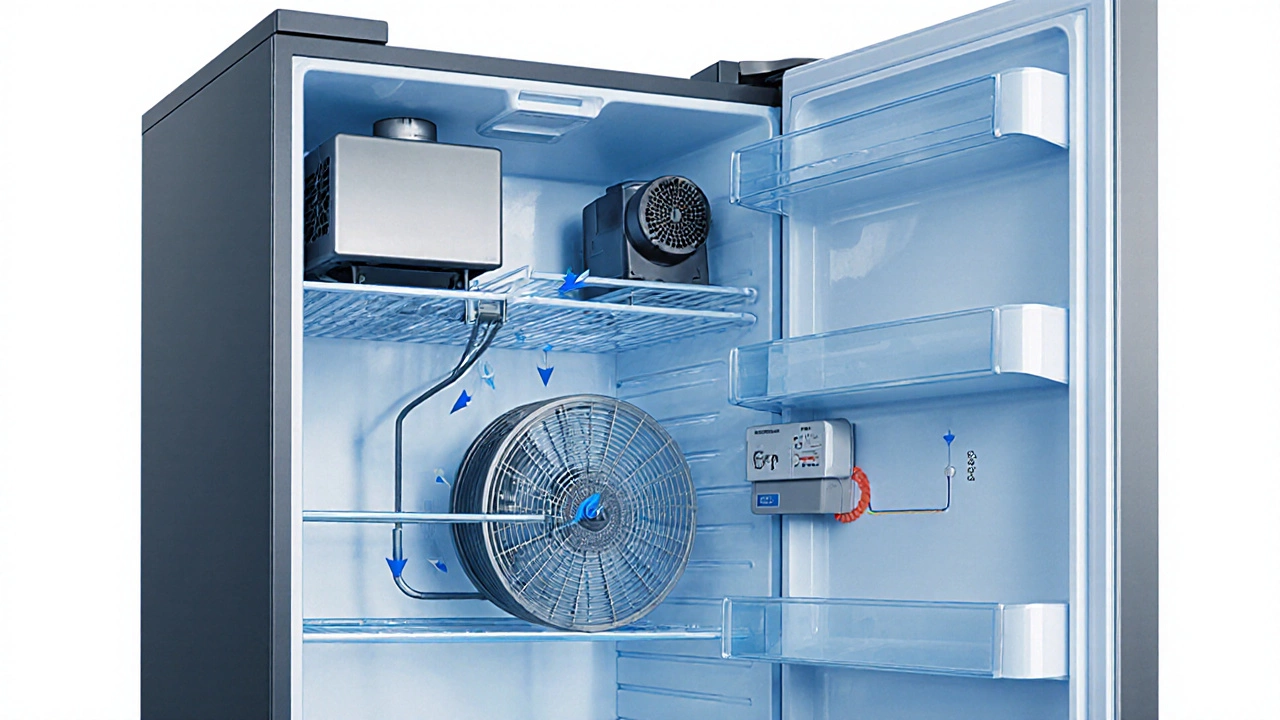 Cutaway view showing fridge compressor, coils, fan, and thermostat sensor.