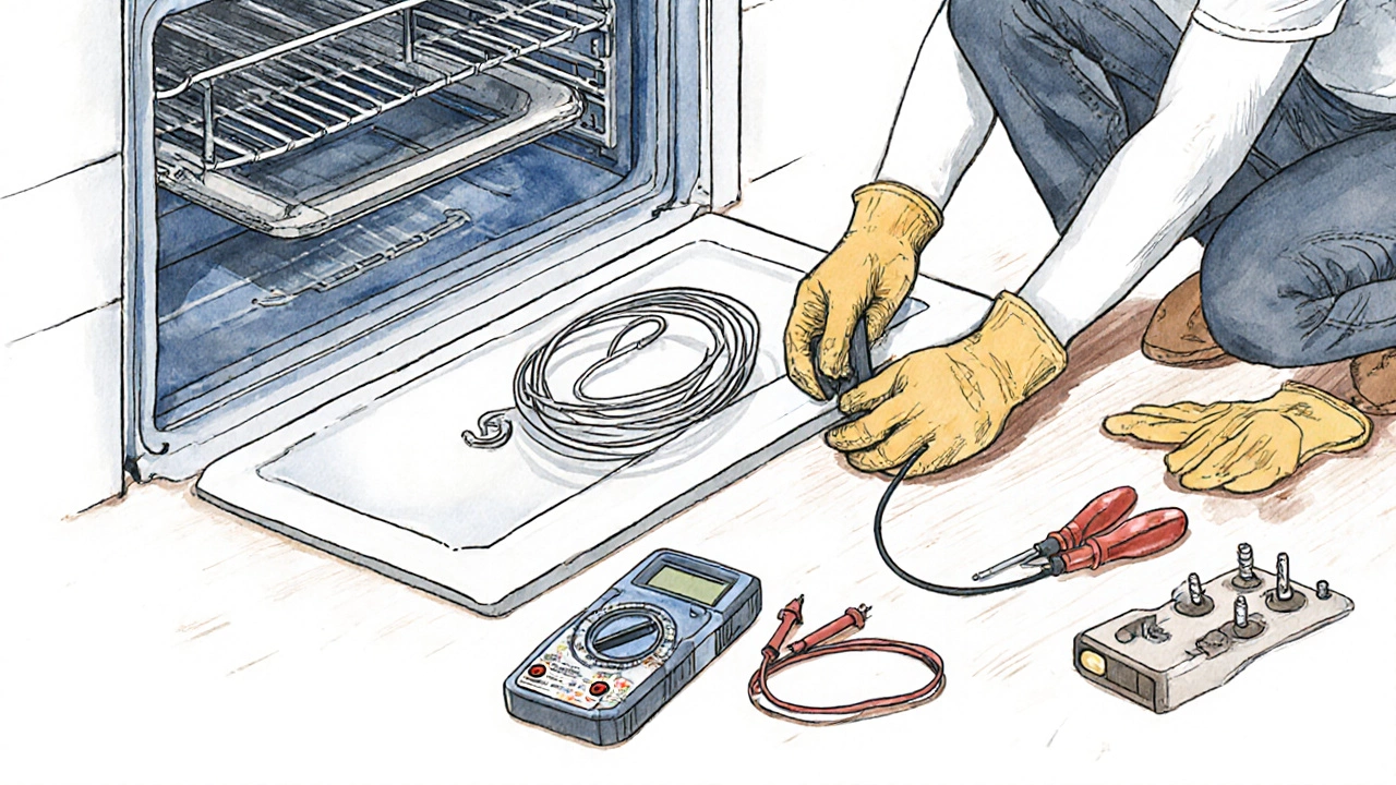 DIY homeowner testing and replacing an oven heating element with tools.