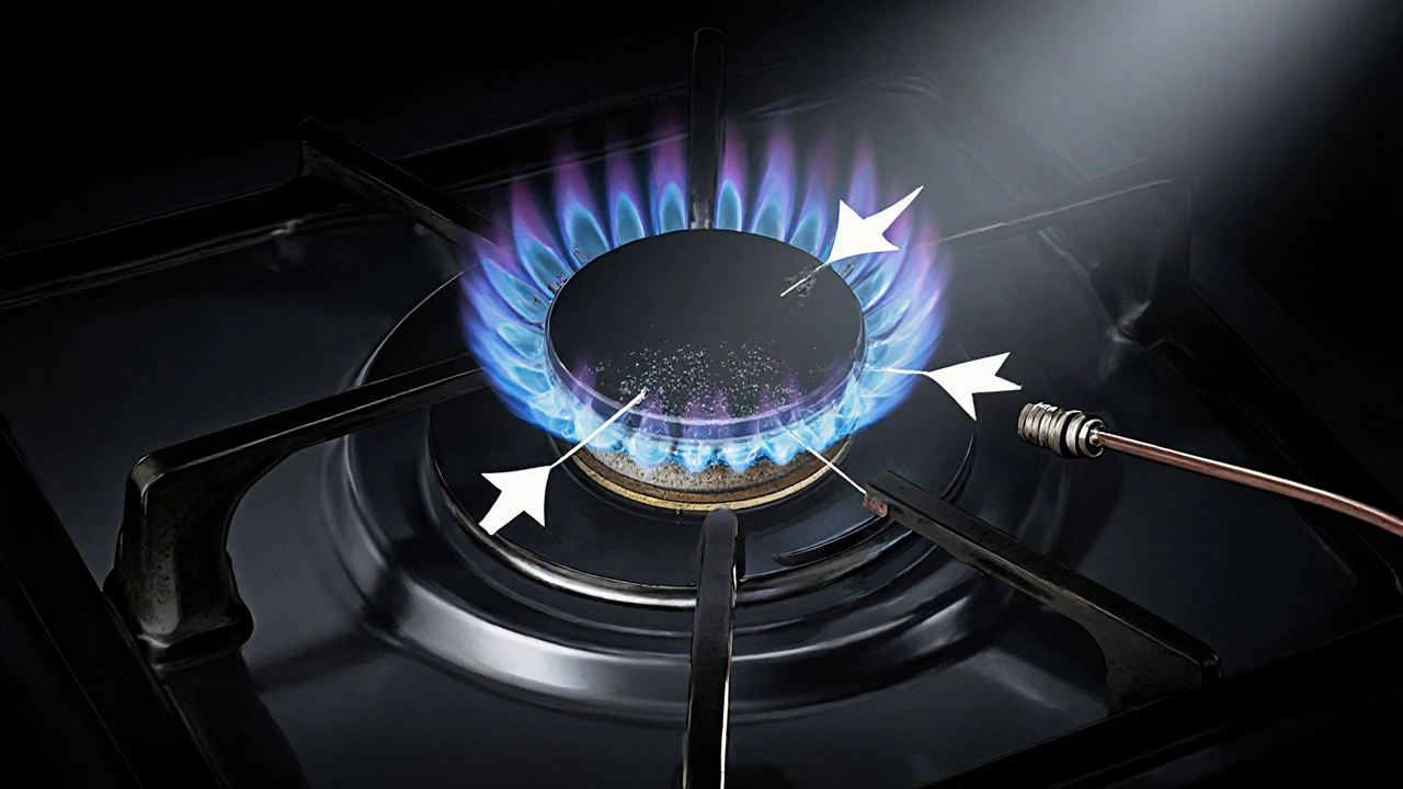 Exploded view of gas cooker igniter and thermocouple with dust and misalignment