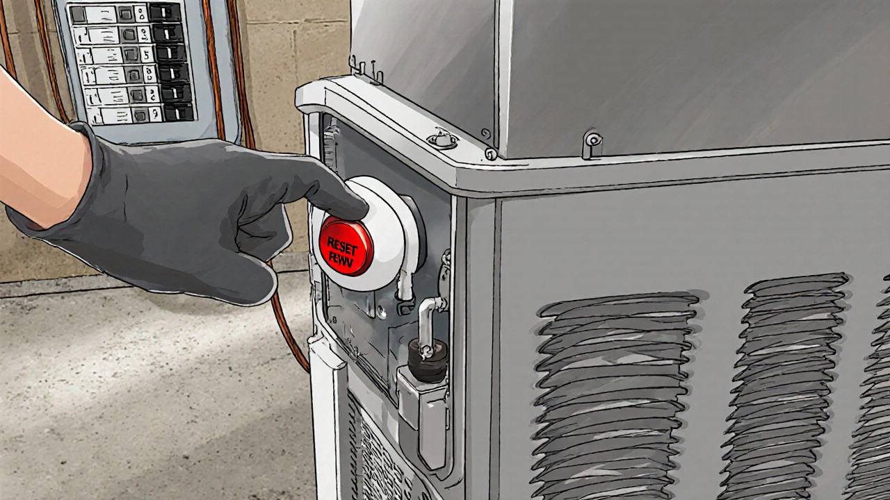 Gloved hand pressing red reset button on hot water unit thermostat with access panel removed