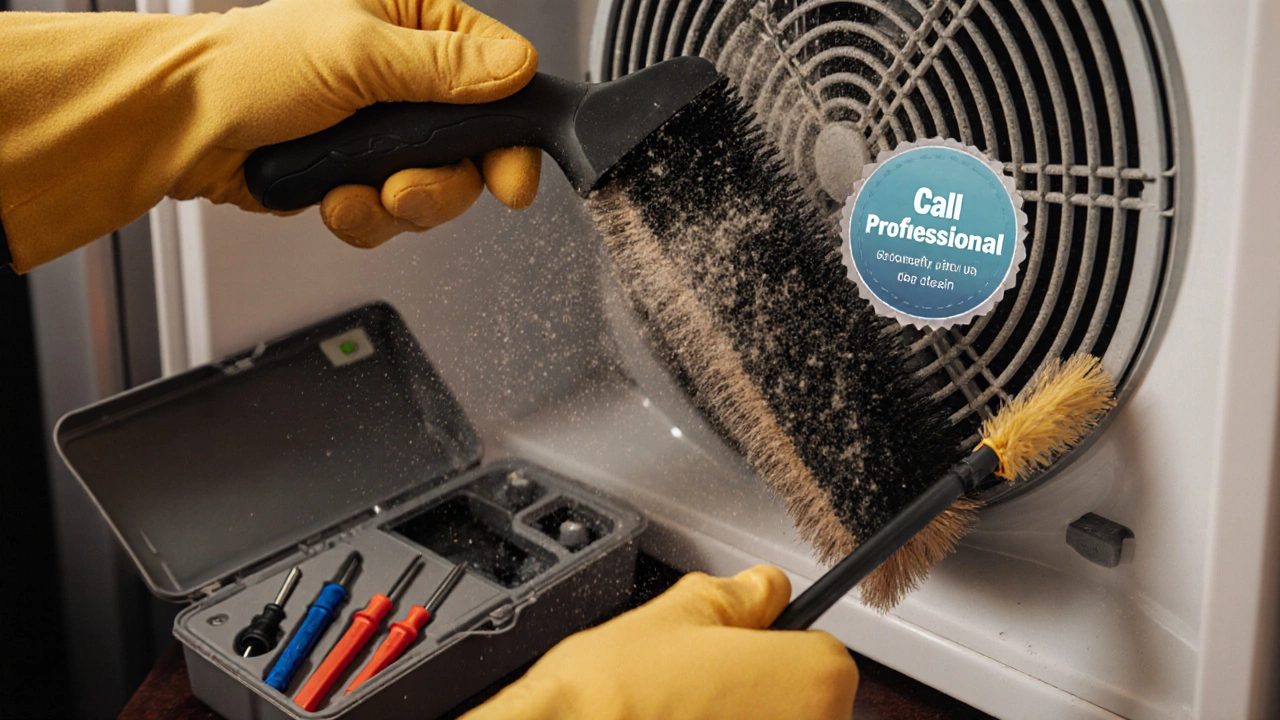 Gloved hands cleaning a dusty condenser coil with tools nearby.
