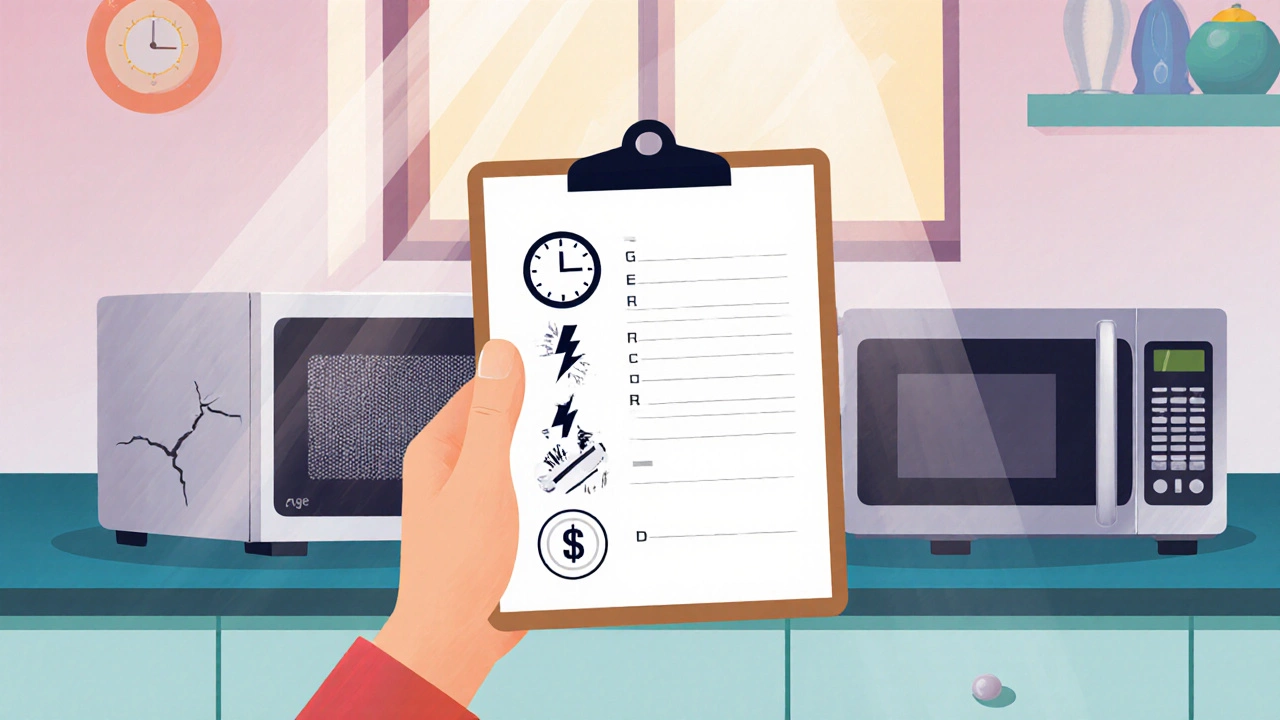 Hand holding checklist of repair vs replacement factors over a kitchen scene.