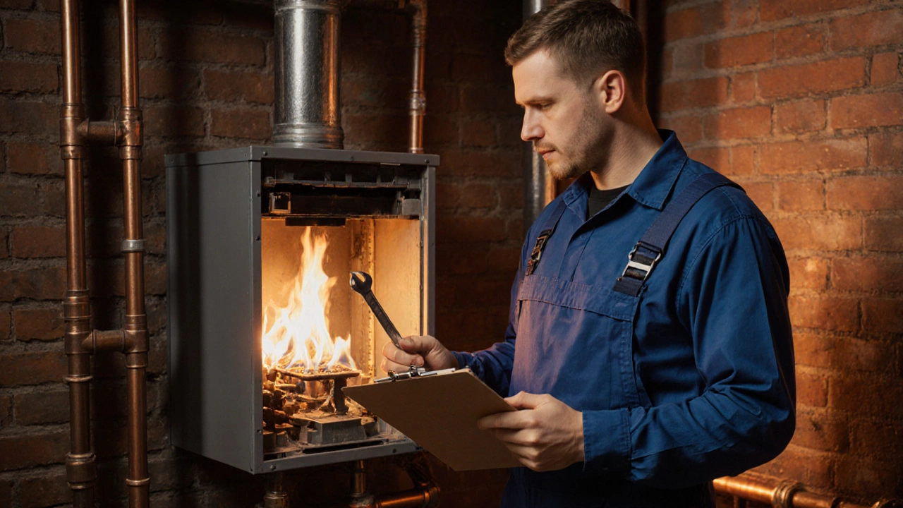 Heating engineer inspecting a boiler in a warmly lit utility room.