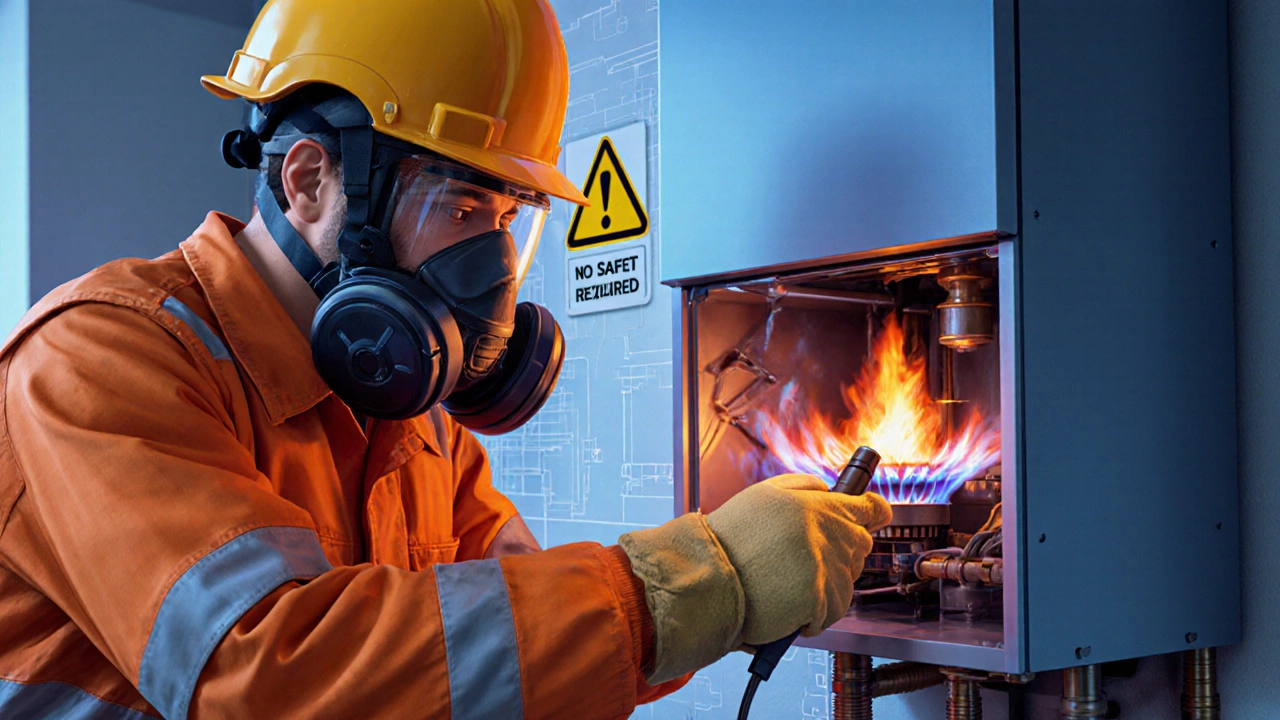 Heating specialist checking a gas boiler burner with safety gear and detector.