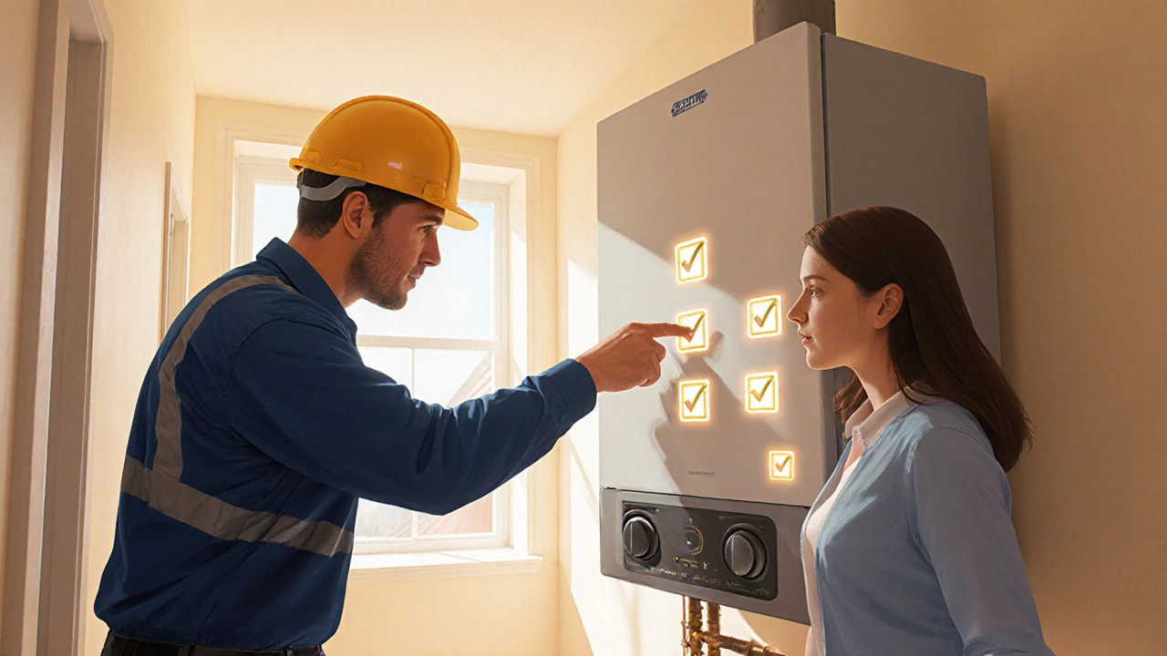 Homeowner and gasfitter checking a newly installed boiler with floating check marks.