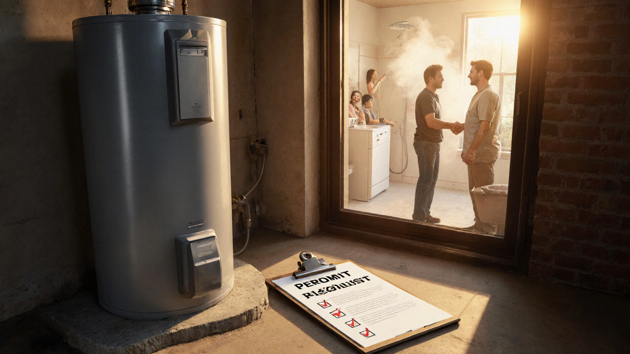 Homeowner and plumber shaking hands beside a newly installed water heater and approved permit.