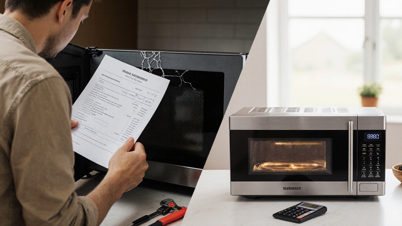 Homeowner comparing repair estimate and broken microwave with new energy‑star model.