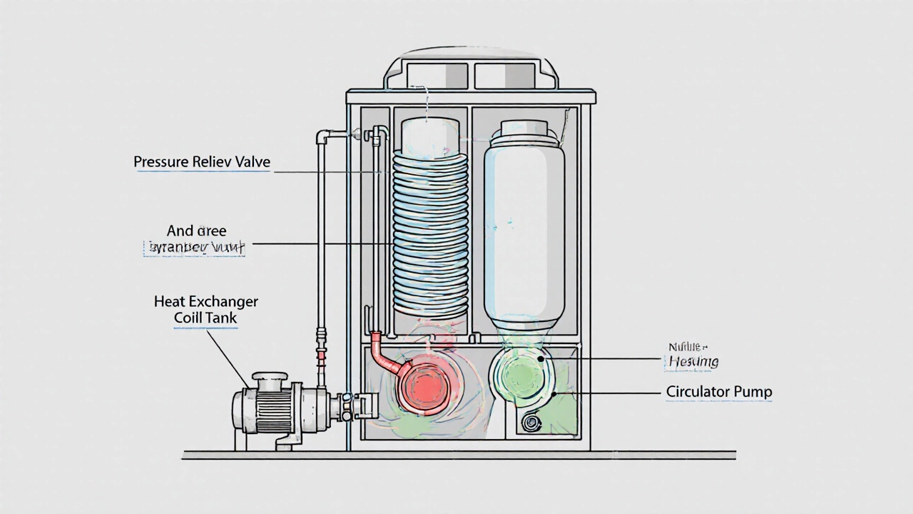 Illustrated cross‑section of a boiler showing valve, tank, heat exchanger, sensor, and pump.