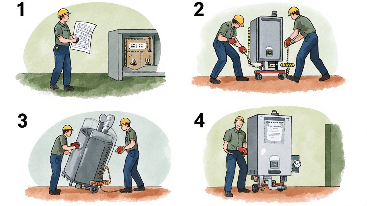 Illustrated sequence showing technicians surveying, disconnecting, removing, and installing a boiler.