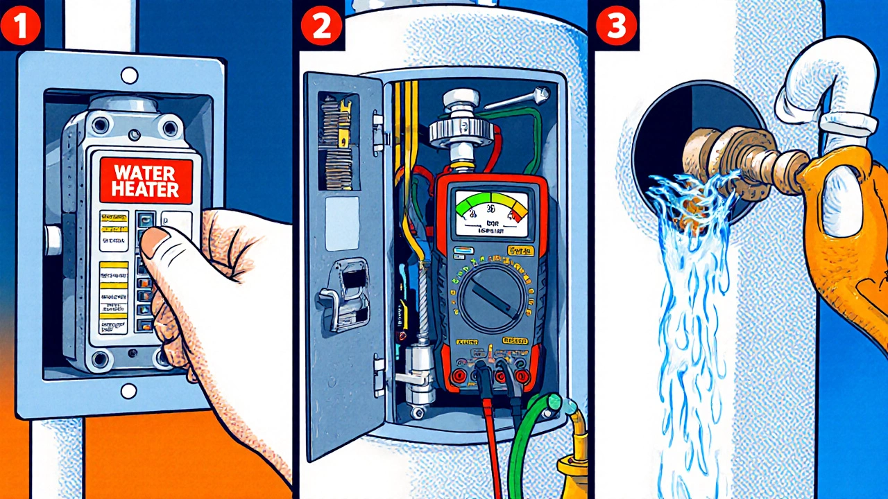 Illustration shows checking breaker, testing thermostat, and flushing a water heater.