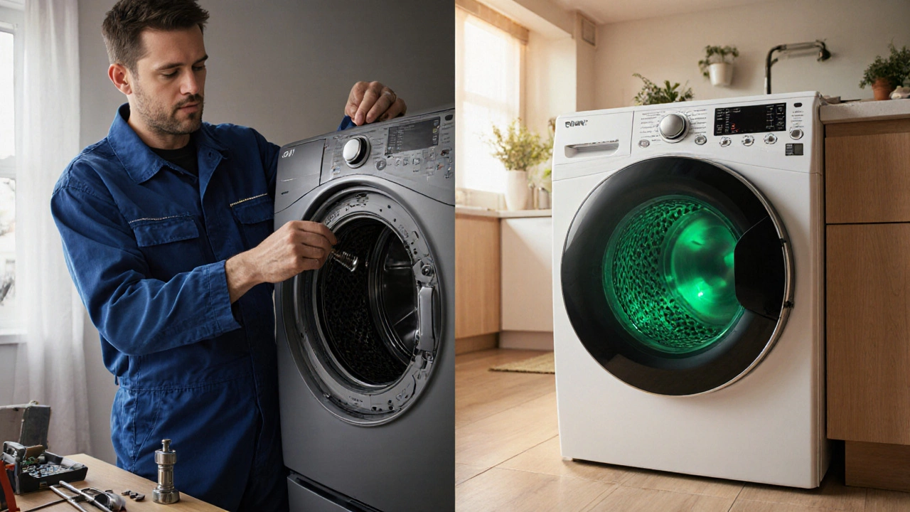 Left: dryer being repaired; right: new energy‑efficient dryer.