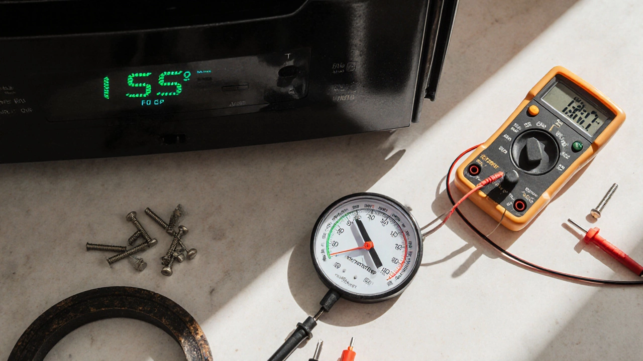 Oven thermometer showing temperature difference beside a multimeter and worn door seal on a kitchen counter.