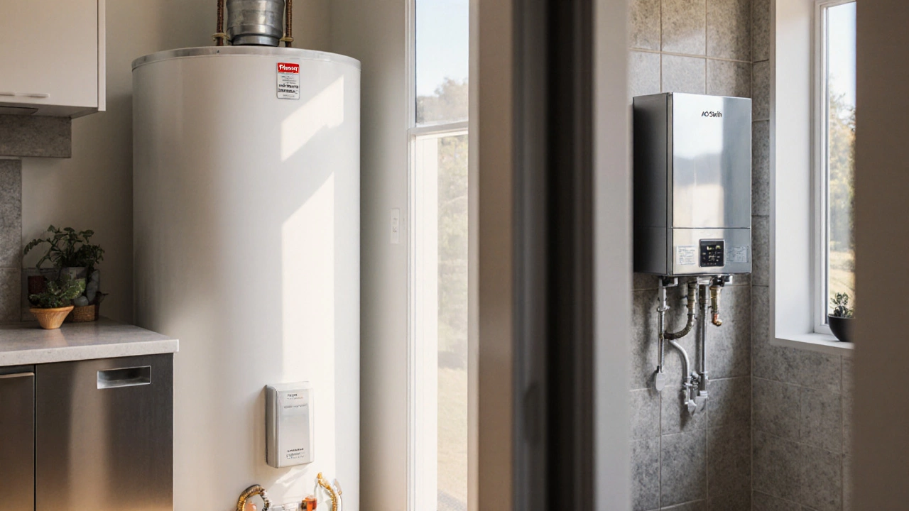 Photorealistic view of a large Rheem tank beside a compact AO Smith tankless unit in a modern NZ home.