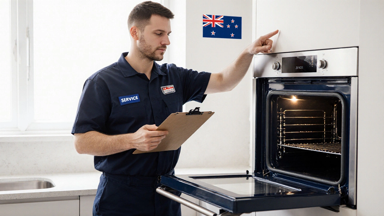 Professional technician inspecting an oven in a modern kitchen.