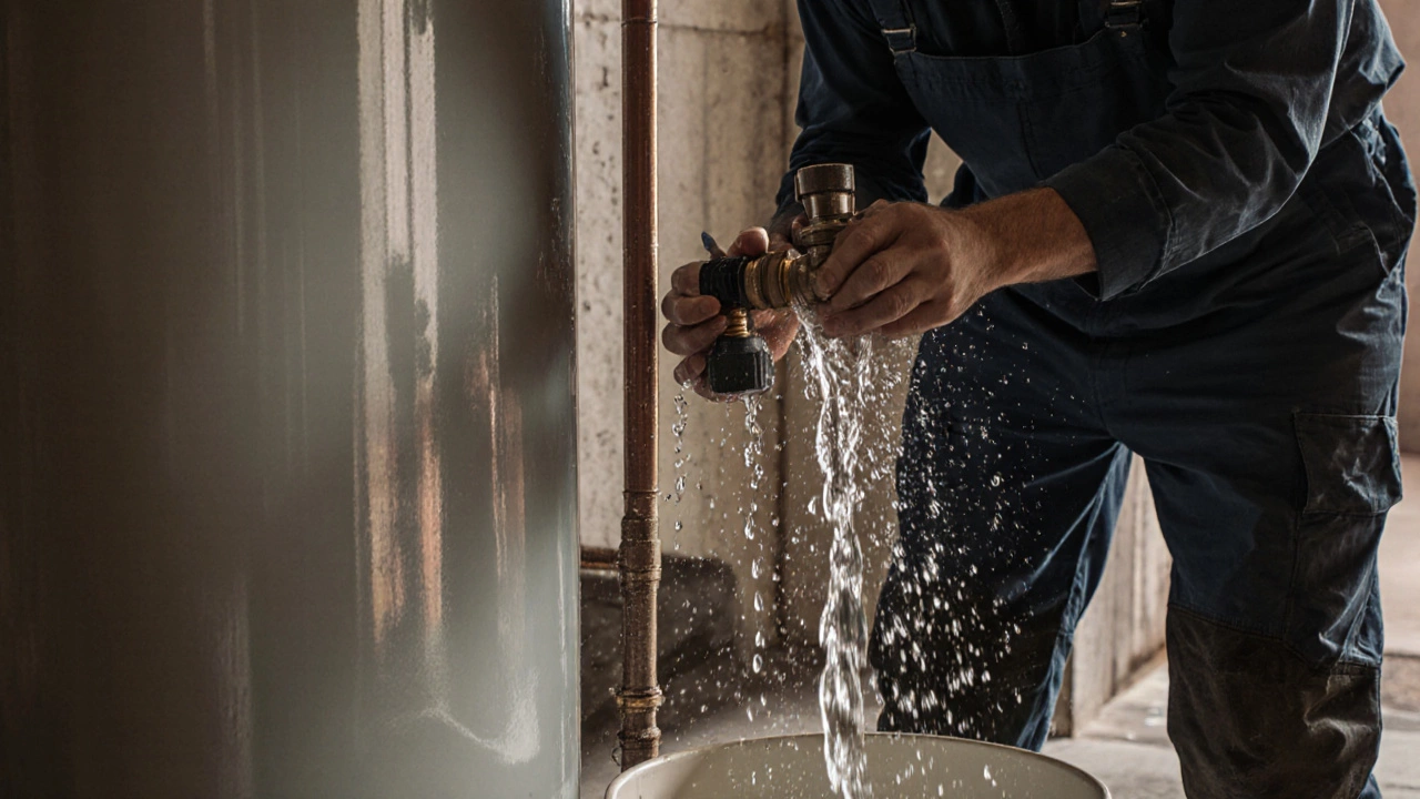 Professional testing pressure relief valve on hot water cylinder with water gushing into bucket