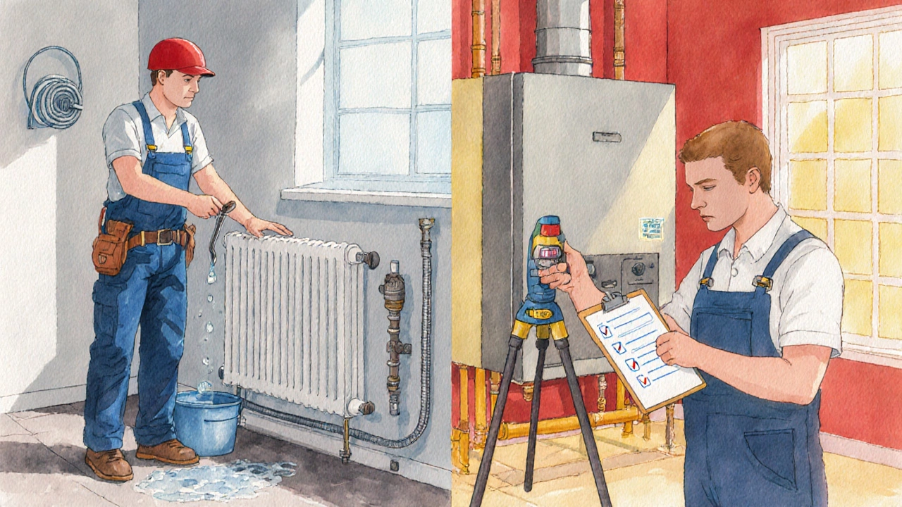 Side‑by‑side watercolor of plumber bleeding radiators and specialist adjusting gas valve.