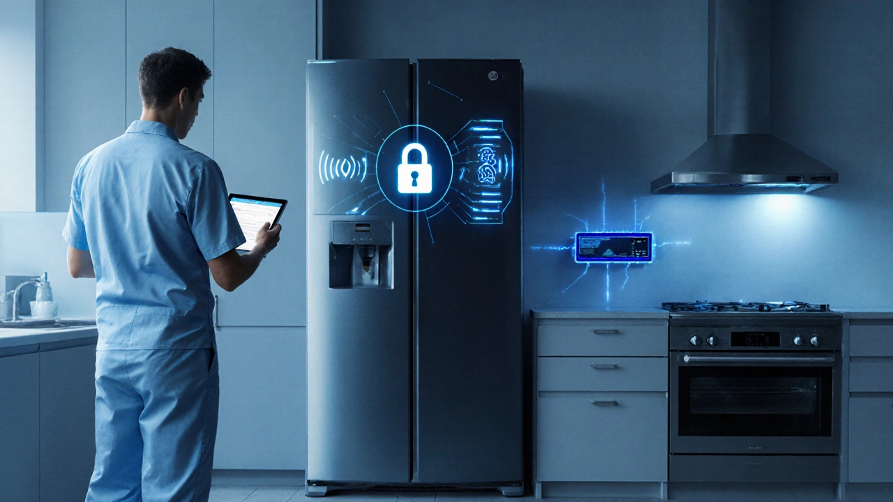 Smart fridge with Wi‑Fi signal and technician checking it in a modern kitchen.