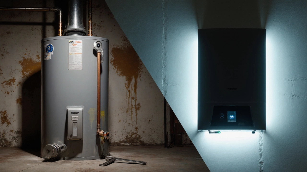 Split scene comparing an old heater being repaired and a new tankless heater installed.