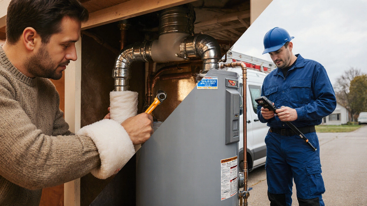 Split scene of DIY pipe insulation on the left and a plumber inspecting the heater on the right.