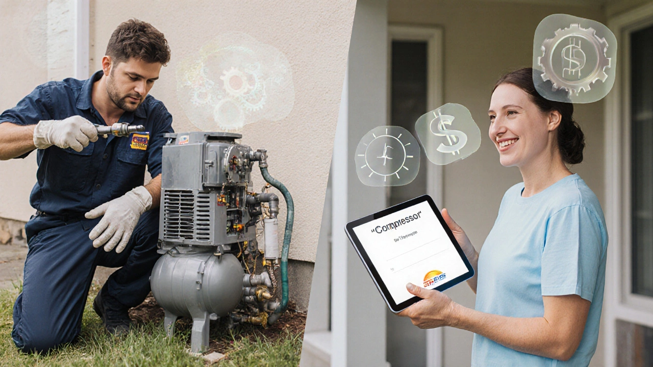 Technician installing a new compressor while homeowner watches, with subtle cost icons.