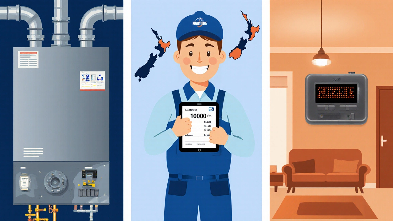 Three‑panel illustration showing boiler components, a plumber with a tablet, and a home thermostat.