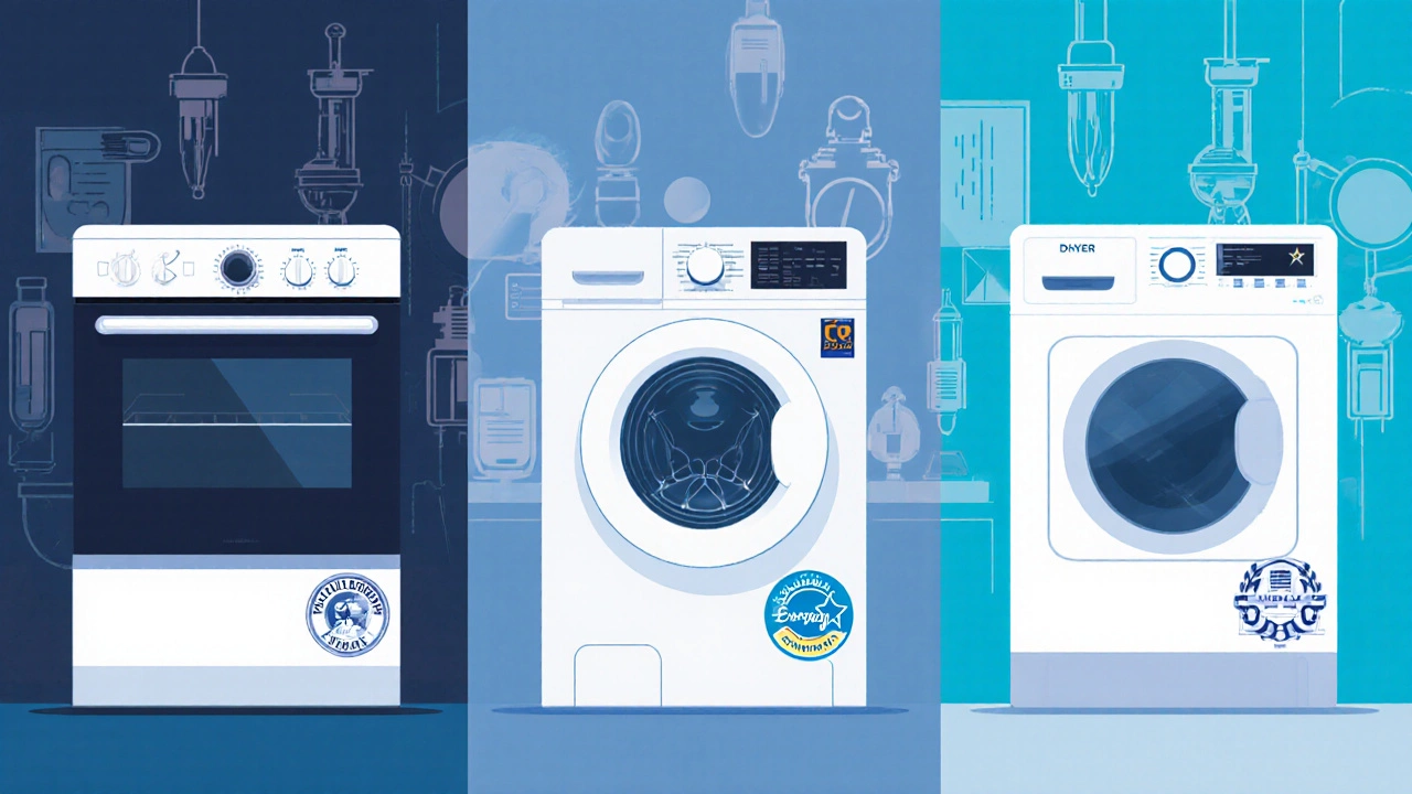 Three panels showing oven, washing machine and dryer with different compliance logos.
