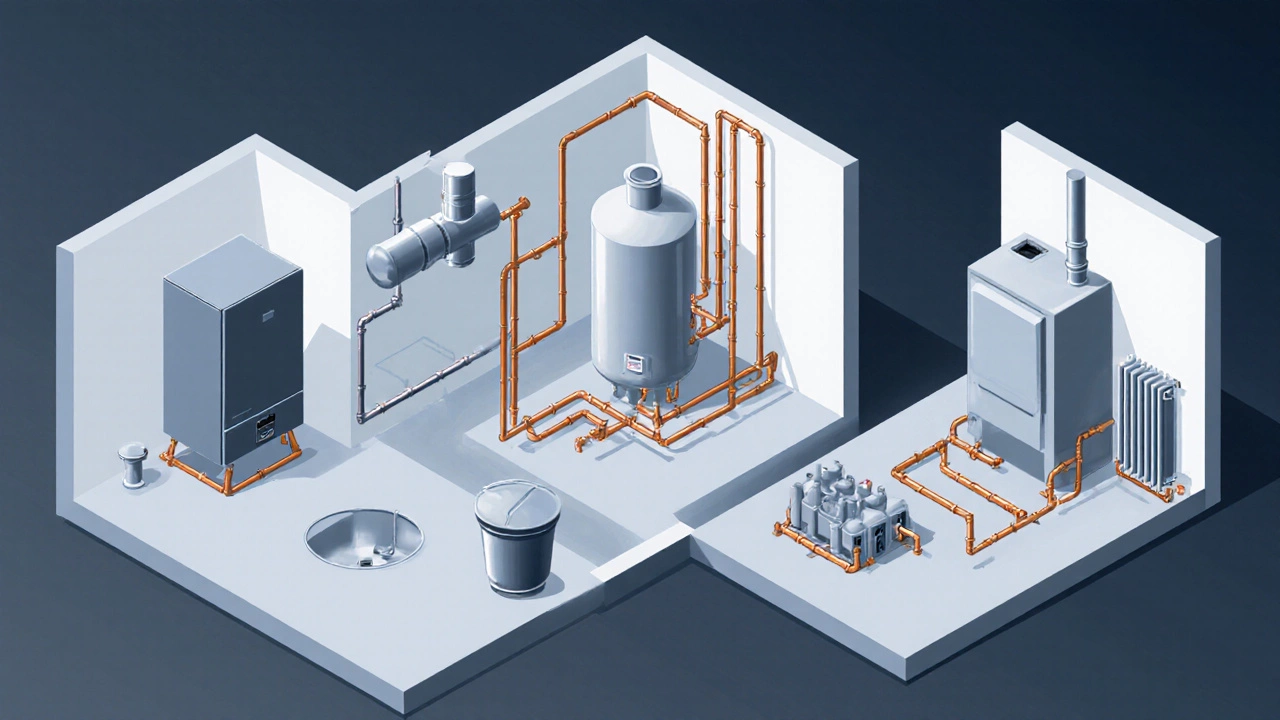 Three side‑by‑side boiler setups showing combi, system, and conventional types.
