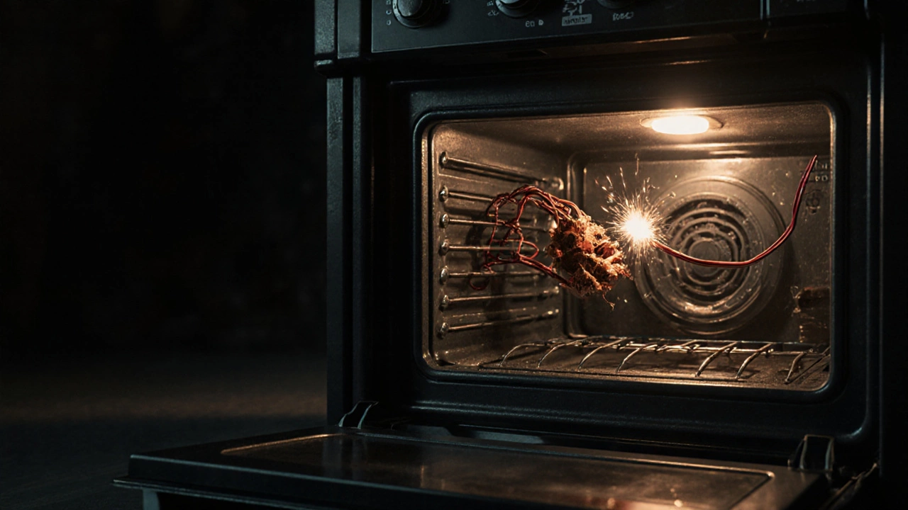 Transparent oven showing internal faults: blown fuse, frayed wires, leaking heat, and sparking control board.