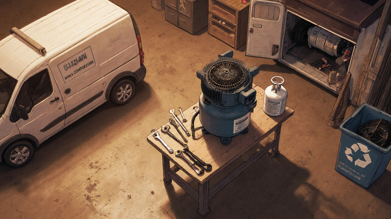 Workshop scene with a compressor, tools, refrigerant can, recycling bin, and service van.