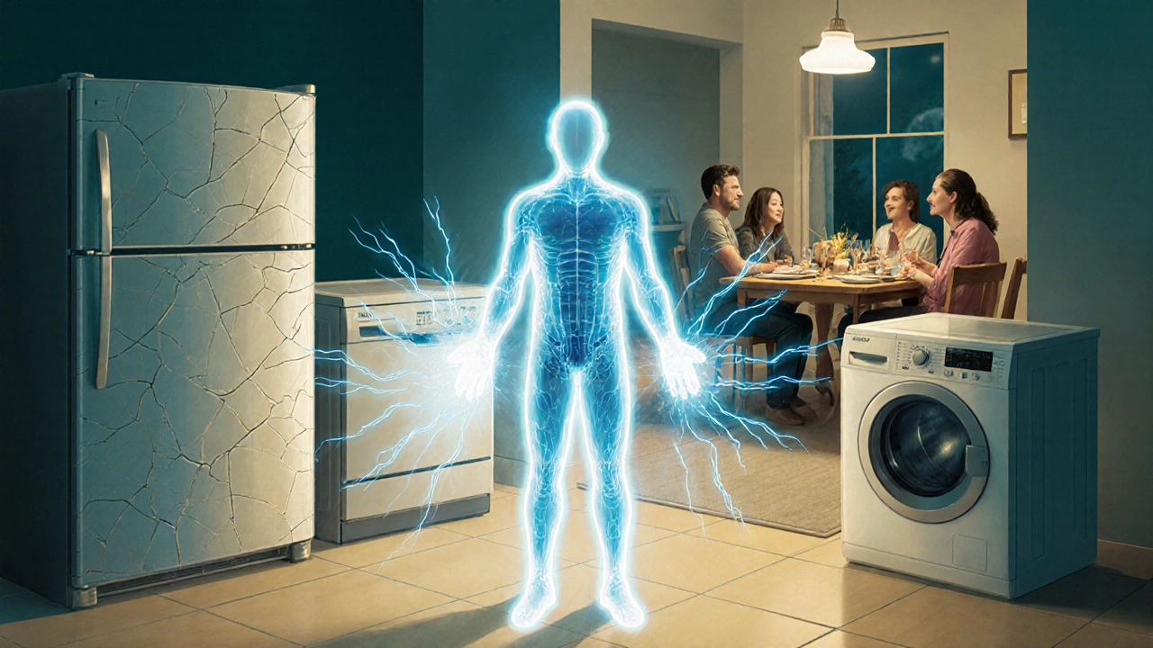 Abstract image of a technician restoring functionality to broken home appliances with glowing energy.