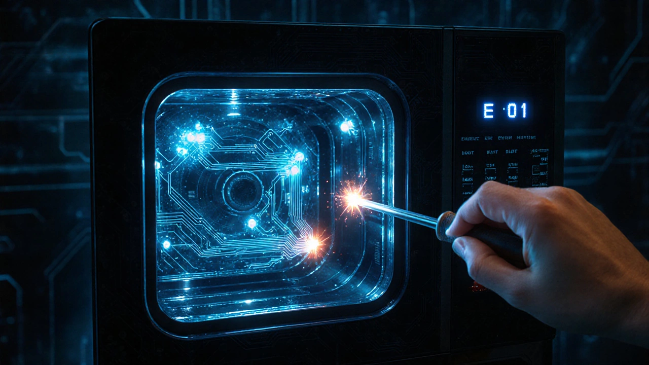 Conceptual glowing diagram of cooker internals with a failing component and error code.