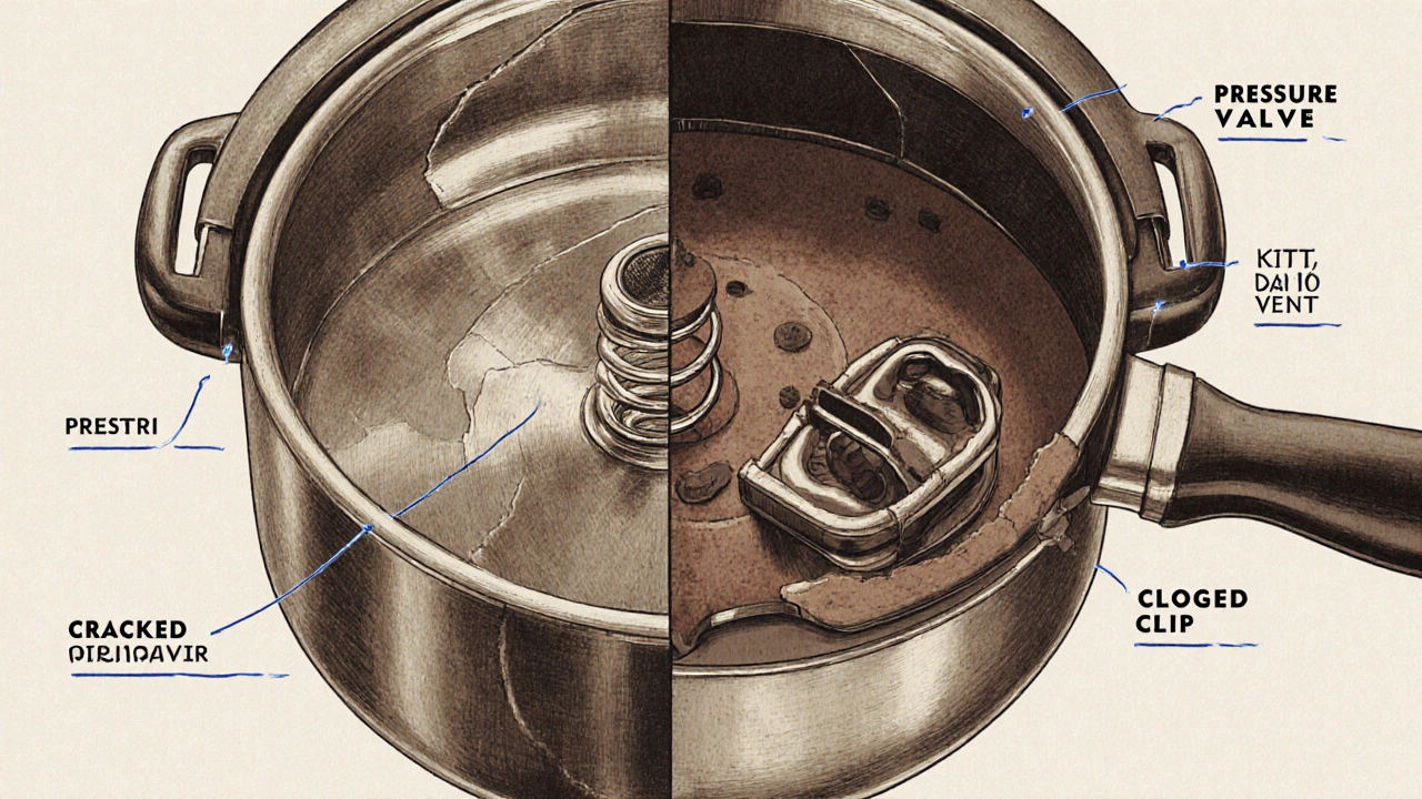 Cross-section diagram showing intact and worn pressure cooker parts in muted metallic tones.