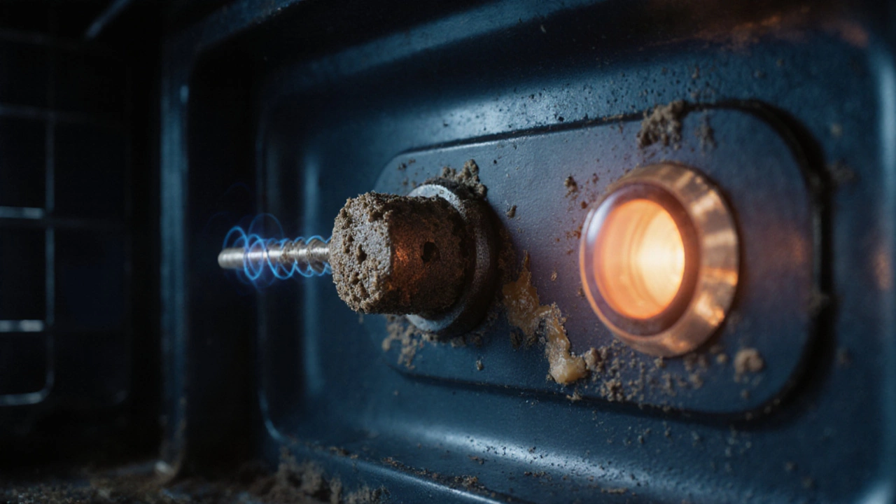Dirty temperature sensor probe in an oven with grease buildup, next to a clean one.