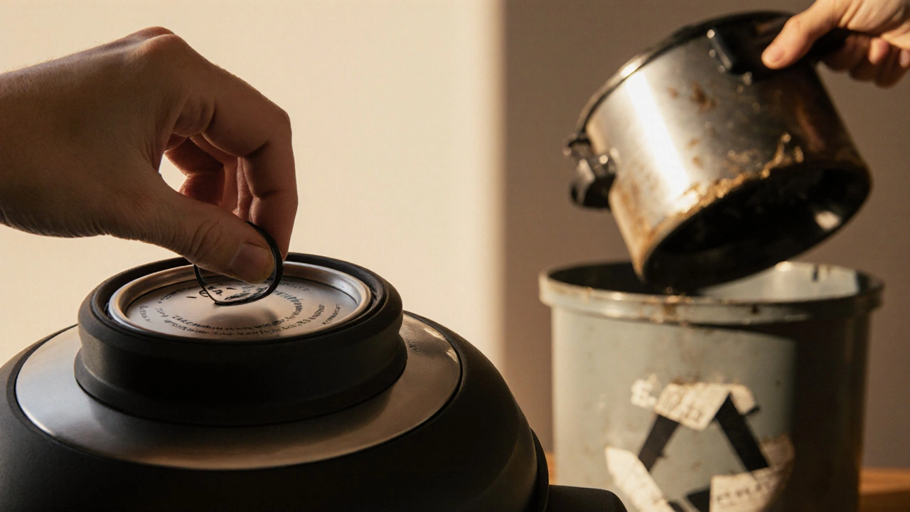 Hand installing a new sealing ring while an old cooker is being recycled in the background.