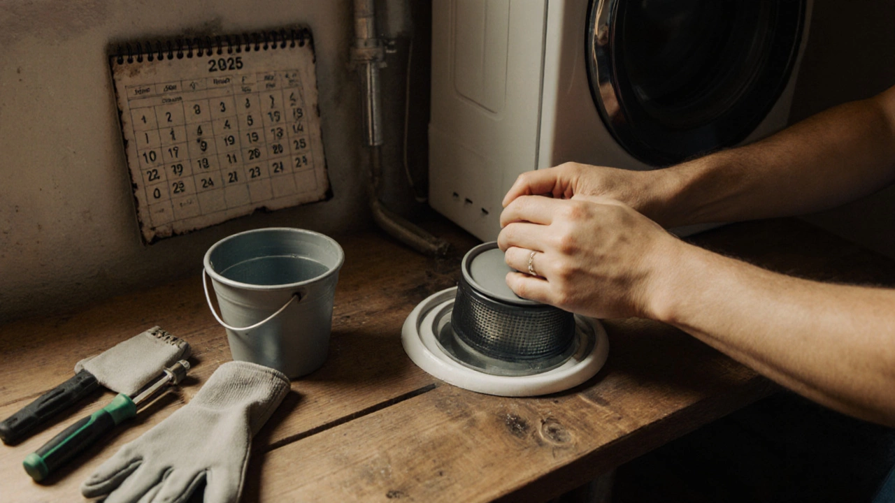 Hands cleaning a washing machine drain filter with tools on a wooden table.