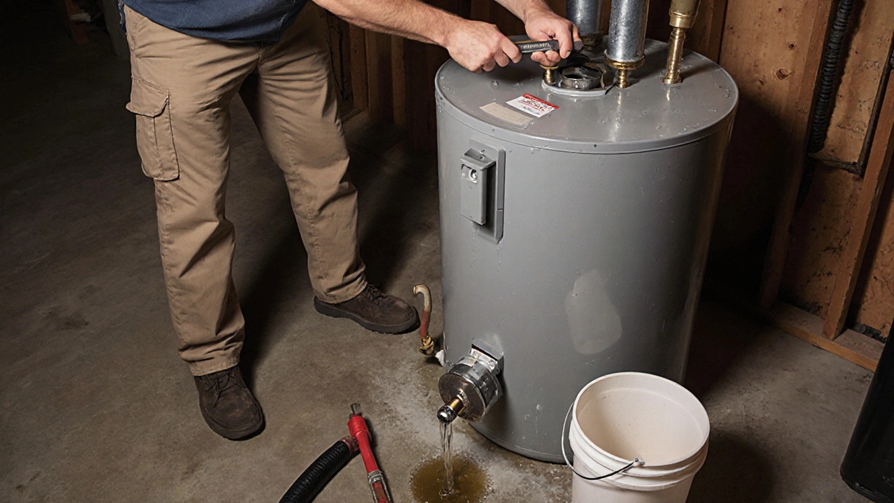Homeowner removing an anode rod from a water heater using a socket wrench.