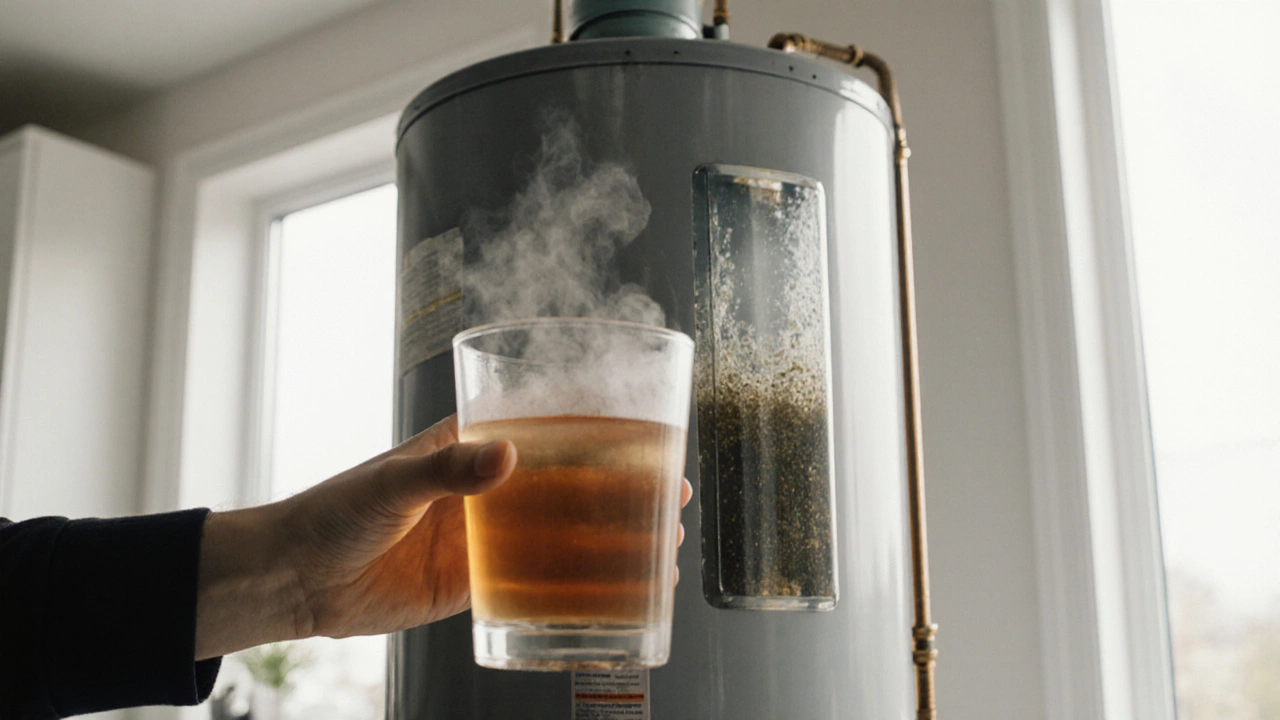 Orange-brown water pouring from a tap while an old water heater emits steam in the background.