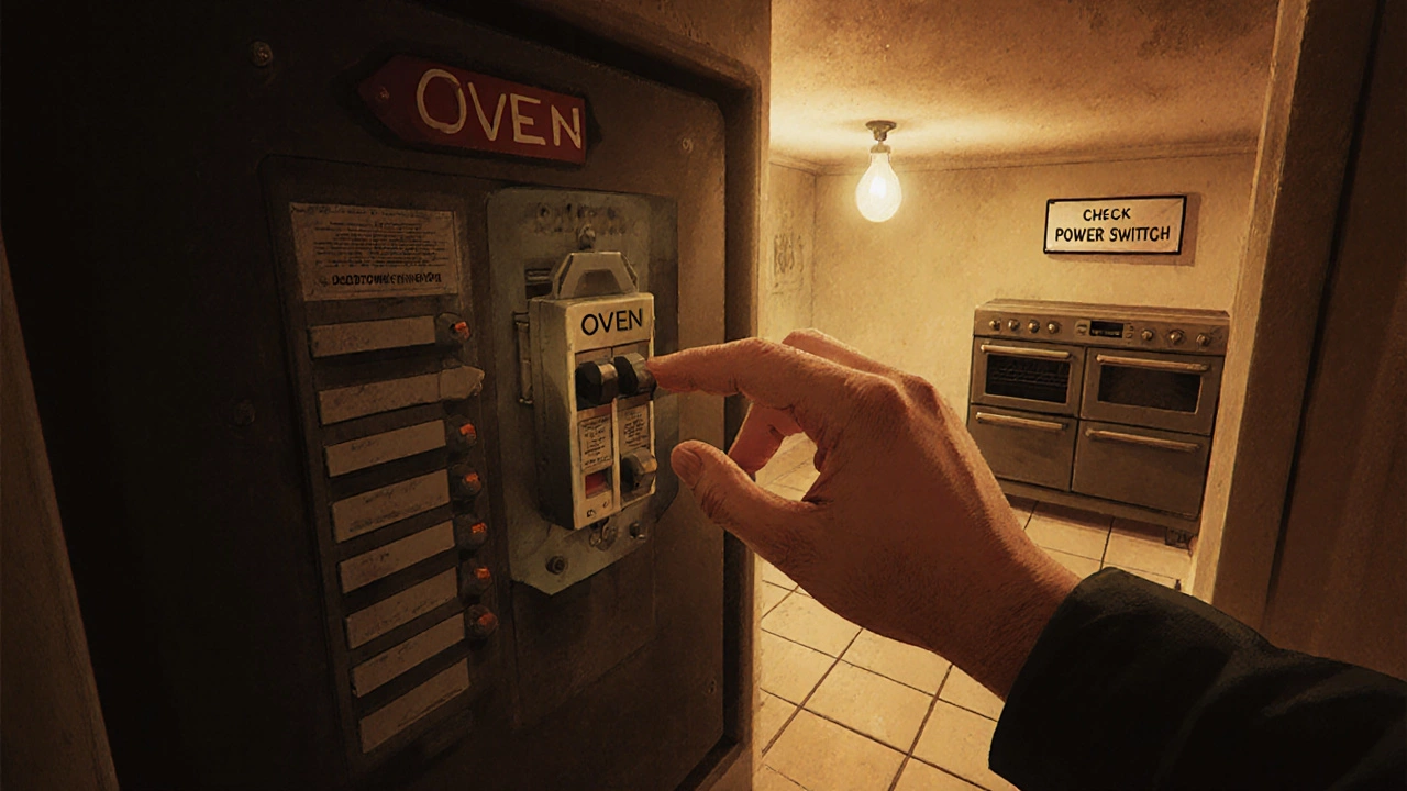 Person resetting a tripped circuit breaker labeled &#039;Oven&#039; in a kitchen electrical panel.