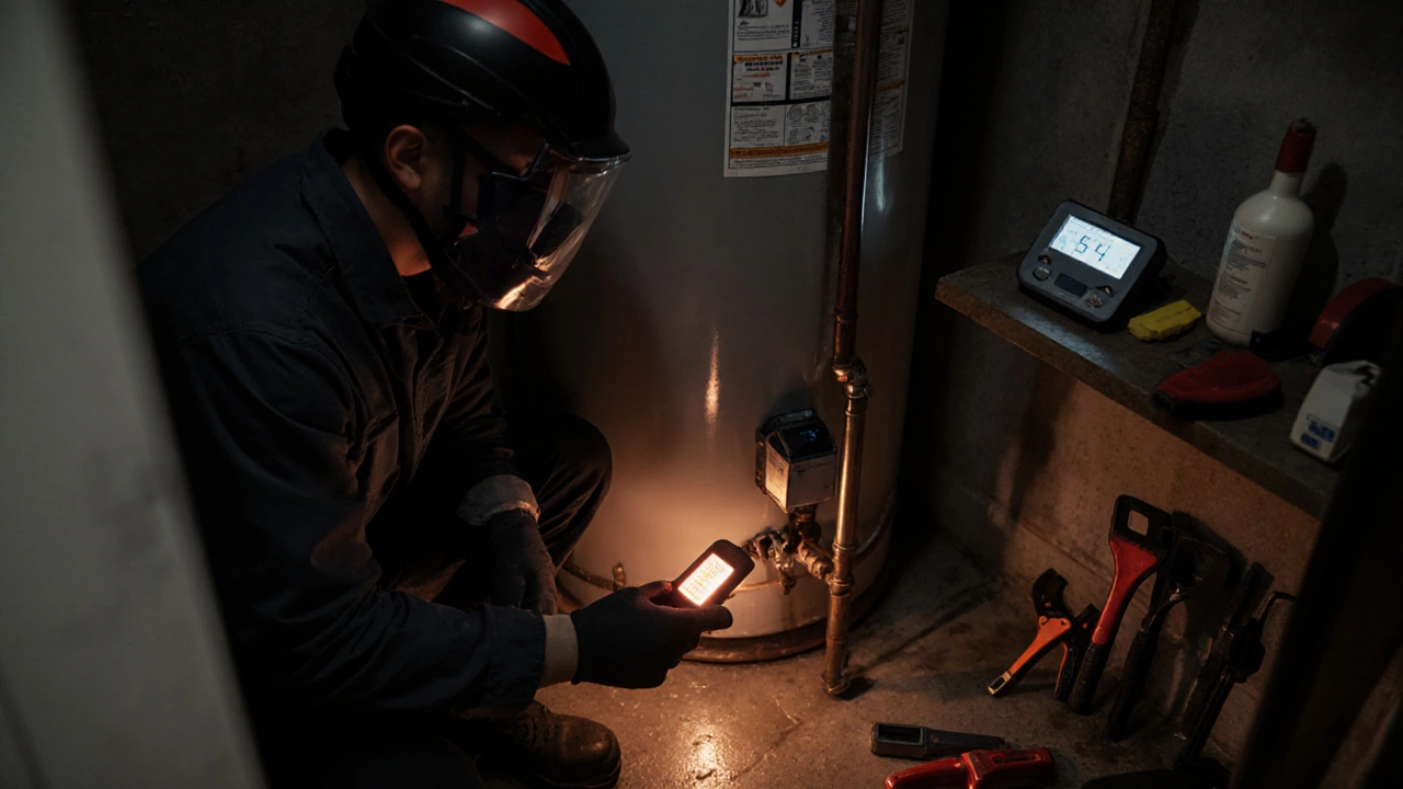 Plumber inspecting a gas water heater with a leak detector in a dimly lit closet.