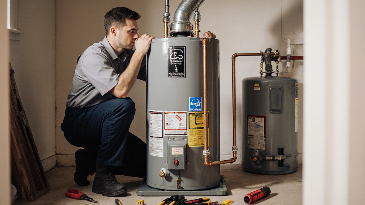 Professional plumber installing a new energy-efficient water heater in a utility room.