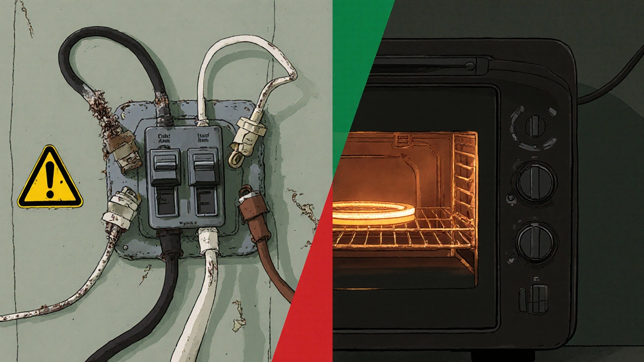 Side-by-side comparison of dangerous wiring vs. safe oven installation