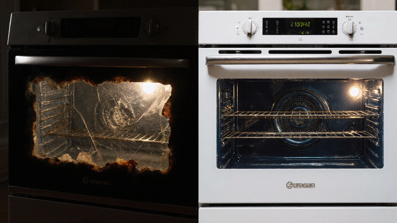 Side-by-side view of a neglected oven versus a maintained one, highlighting the effect of care over time.
